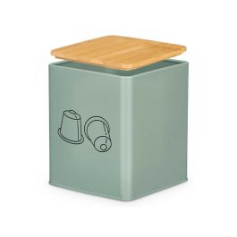 Kinvara Tarro Cuadrado con Tapa de Bambú, Portacápsulas de Metal, Verde Menta, 14x16.5x14 cm (Set de 12)