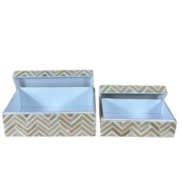 DKD Home Decor Caja Tropical Colección Raviet de Bambú y Resina Acabado Natural Mosaico Surtido Marrón Blanco Set de 2 (16x12x30 cm)