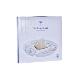 DKD Home Decor Fuente Decorativa para Aperitivo Mediterráneo Colección Salitre Gres y Bambú Azul Natural 23.5x23.5x7 cm