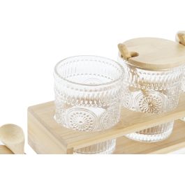 DKD Home Decor Azucarero Basicos Set de 3 piezas 300ml de Cristal y Bambú Transparente y Natural 10x28x13.5 cm