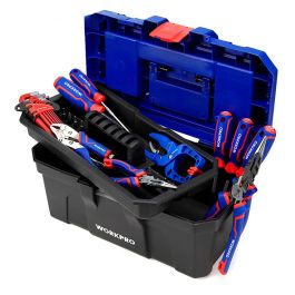 Workpro Caja de herramientas 41x23x20,5cm, plástico de alto impacto, compartimentos exteriores, color negro azul y rojo Workpro Caja de herramientas 41x23x20,5cm, plástico de alto impacto, compartimentos exteriores, color negro azul y rojo