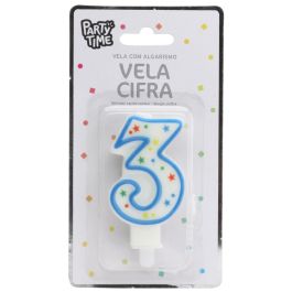 Party Time Vela Aniversario Numeral 3 para Tarta, Decorada con Círculos y Estrellas, con Pincho, 9,5 cm de Altura Total
