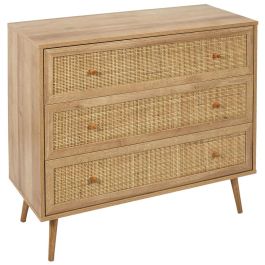 Home Deco Factory Cómoda 3 Cajones Bali, Madera y Ratán, Estilo Balinés, 90x39x79 cm