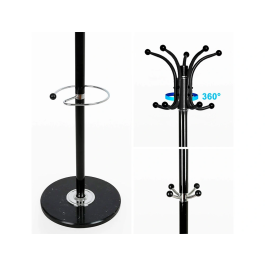 Q-connect Perchero Metálico de Pie Negro con Paraguero 10 Colgadores y Ganchos Portabolso 174x40 cm