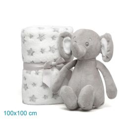 KioKids Elefante De Peluche Gris Con Mantita De Estrellas +0 Meses 25cm Peluche 100x100cm Manta Poliéster Suave Regalo Bebé