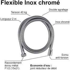 Edouard Rousseau ROU3047404226367 Flexo Ducha 2 m Acero Inoxidable Cromado Doble Grapa, Tuercas Anti-Torsión, Reducción Caudal
