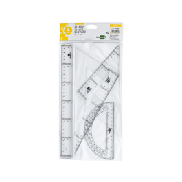 Liderpapel Juego de Reglas Escuadra 25cm, Cartabón 25cm, Regla 30cm y Semicírculo 15cm en Petaca Incolora
