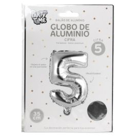 Party Time Globo Cifra 5 Plata 35 cm para Aniversarios y Cumpleaños, Hinchable con Aire o Helio, Reutilizable