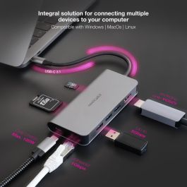 Nanocable 10.16.4609 Concentrador Docking Station USB-C 8 en 1: HDMI 4K 60Hz, 3x USB 3.0, RJ45 Gigabit, Lector SD/TF, USB-C PD 100W, Aluminio Gris