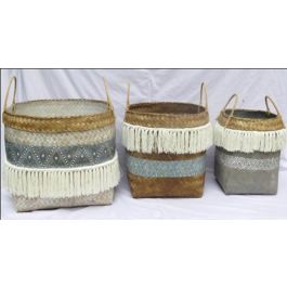 DKD Home Decor Cesta Balines Decorativa Almacenaje de Bambú y Algodón, Set de 3 Piezas, Gris, Blanco y Natural, 49x49x57 cm