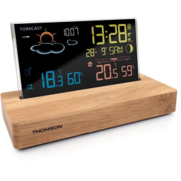 Thomson THO3499550389302 Reloj Despertador Estación Meteorológica Madera Oscura con Temperatura, Higrometría, Alarma Dual, USB-C y Sonda Inalámbrica