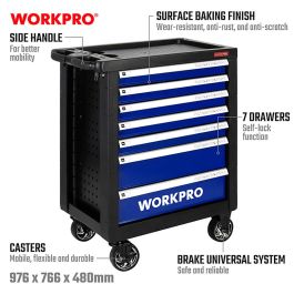 Workpro Carro de herramientas 7 cajones con rodamientos y autocierre 77x47x97 cm, resistente a la corrosión, al rayado y disolventes, freno seguro
