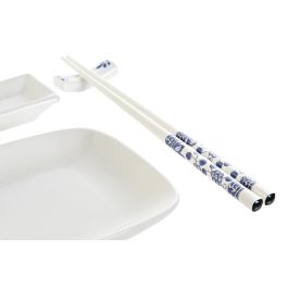 DKD Home Decor Set de 10 Cuencos de Sushi en Porcelana y Bambú, Blanco y Azul Marino, 34.5 x 9 x 33.5 cm
