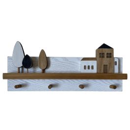 DKD Home Decor Perchero de Pared de Madera Estilo Urban Blanco con Diseño Casitas, 40 cm Ancho x 17 cm Alto x 4 cm Fondo