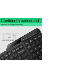 HP Compact Bluetooth keyboard supporting up to three devices, full-size layout, spill-resistant design, long battery life.