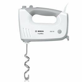 Bosch MFQ36400 Batidora de mano ErgoMixx 450 W con 5 velocidades, Turbo, 2 batidores y 2 ganchos amasadores de acero inoxidable Blanco/Gris