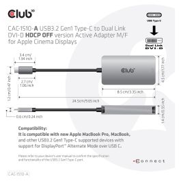 Club 3D CAC-1510-A Adaptador USB 3.2 Tipo C a DVI-D Dual Link, Soporte 4K@60Hz, Conector DisplayPort Alt Mode