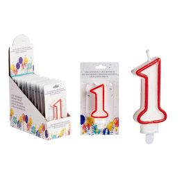 Vela Cumpleaños Número 1 Blanca con Borde Rojo - Arte Regal 4.2x8.2x1 cm (72 Unidades) Precio: 30.50000052. SKU: B17BGM3KEF