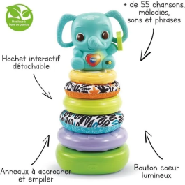 Vtech Baby Nino Baby Elephant Stacko 3 en 1 Plástico de Base Biológica Torre de Apilamiento Juego de Montaje Sonajero Electrónico