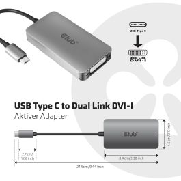 Club 3D Adaptador USB C a DVI-D Activo cac-1510 Dual Link 3840 x 2160 Pixeles Gris