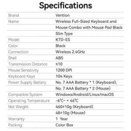 Teclado y Ratón Inalámbricos Vention Combo KTDB0-ES/ Negro