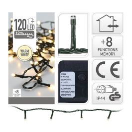 Guirnalda Multifunción 120 LEDs Blanco Cálido para Exterior/Interior - Cable Verde IP44 - 12m con 8 Funciones y Memoria