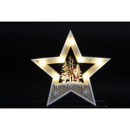 DKD Home Decor Decoración Luminosa Navidad Estrella LED Madera Rojo Natural, Set 4 Unidades, 26x26x4 cm, 2 Pilas AAA