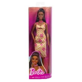 Barbie Fashionista Hyt91 Muñeca Alta con Vestido Midi de Cuadros Naranja y Flores Rosas