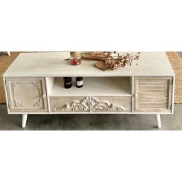 DKD Home Decor Mueble TV Neoclásico de Abeto y MDF con 2 Cajones, 2 Puertas, 1 Estante Desmontable - Blanco Beige 136x40.5x52 cm