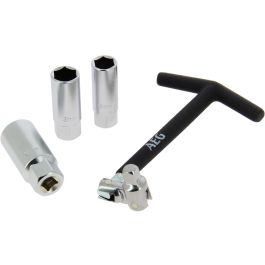 Llave para bujías articulada con doble rótula y manguitos surtidos de 16 mm, 18 mm y 21 mm. Mango en T antideslizante de acero inoxidable.