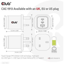 Club3D Cargador de viaje PPS GaN 65W, 2x USB-C + 1x USB-A, Carga Rápida PD 3.0 para Móviles y Portátiles, Negro