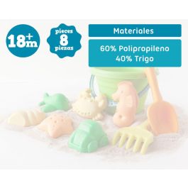 KioKids Cubo de Playa Set 8 Piezas con Rastrillo y Pala, Material de Trigo Sostenible, Multicolor, +18 meses