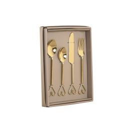 DKD Home Decor Cubertería Glam Acero Inoxidable Dorado, Set de 16 Piezas, Diseño Corazón, Apto Lavavajillas