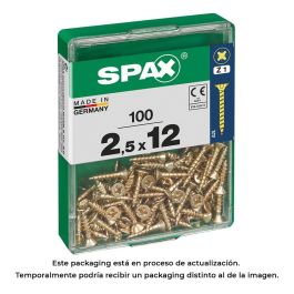 Spax 4081020250122 Tornillo Madera Universal, Yellox, Cabeza Plana, Rosca Completa, Ranura Cruz Z1, Punta S, 2.5x12mm - Caja 100 Unidades