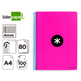 Antartik Cuaderno espiral A4 tapa dura 80 hojas 90gr cuadro 4mm con margen color rosa fluor