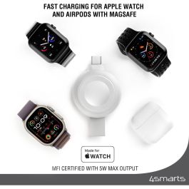 4smarts Cargador Inalámbrico MFi Carga Rápida para Apple Watch Series 1-9/SE/Ultra/Ultra 2 y AirPods, QI2, USB, Plata
