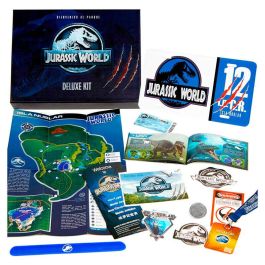 DOCTOR COLLECTOR Kit Deluxe Jurassic World - Matrícula, Ticket, Pulsera, Mapa, Guía Dinosaurios, Pase VIP, Postal, Moneda y Pegatinas Exclusivas