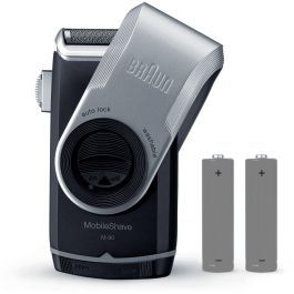 Braun Rasierer MobileShave M-90 Afeitadora de Bolsillo Recargable Inalámbrica con Batería Autonomía 60h Color Azul y Plata