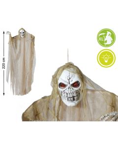 Calavera Colgante Halloween 220 cm Con Ojos Iluminados Y Capa Beige 0